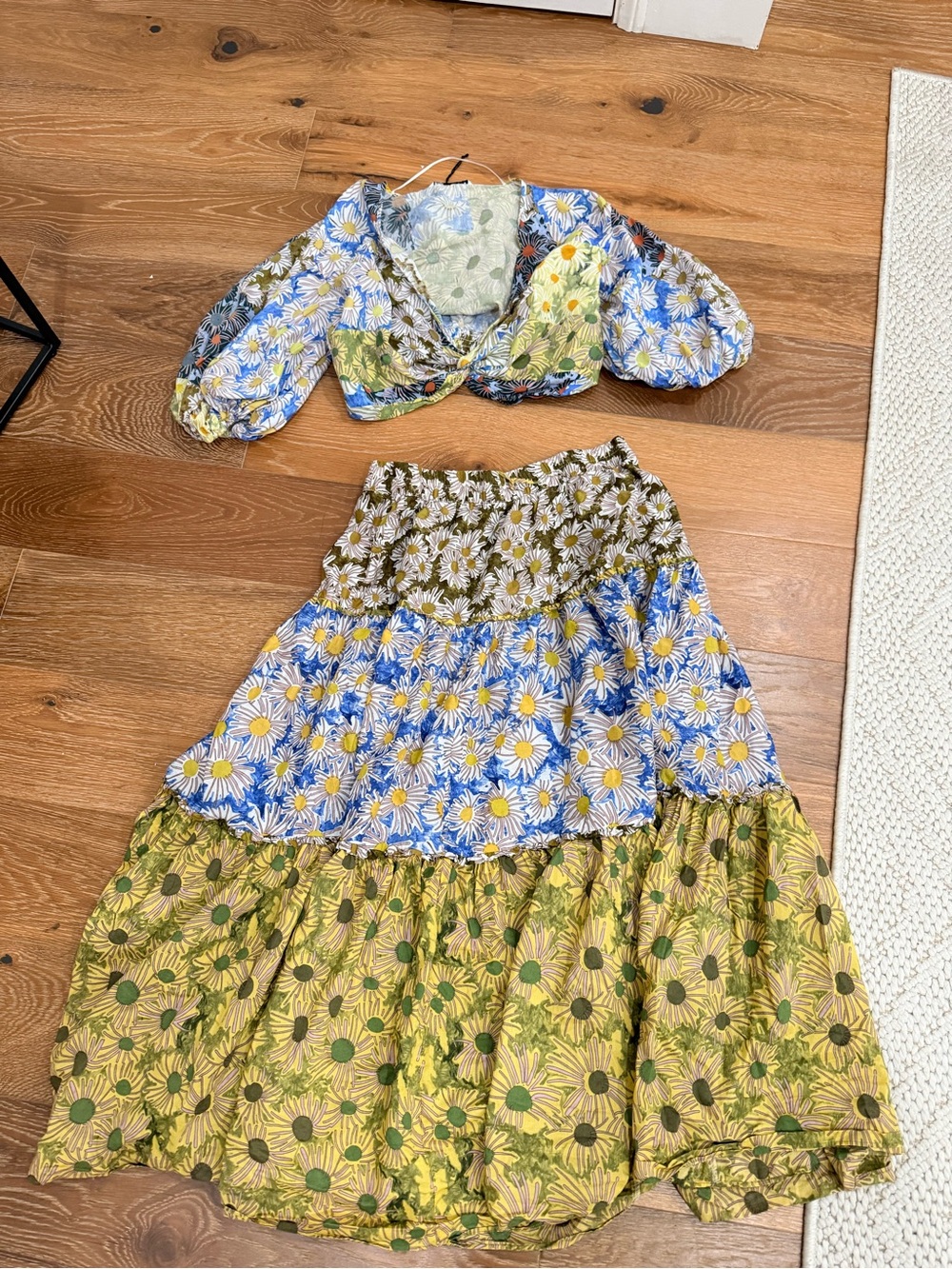 Zara Tiered Floral Maxi Skirt - Blue, Green & Yellow
